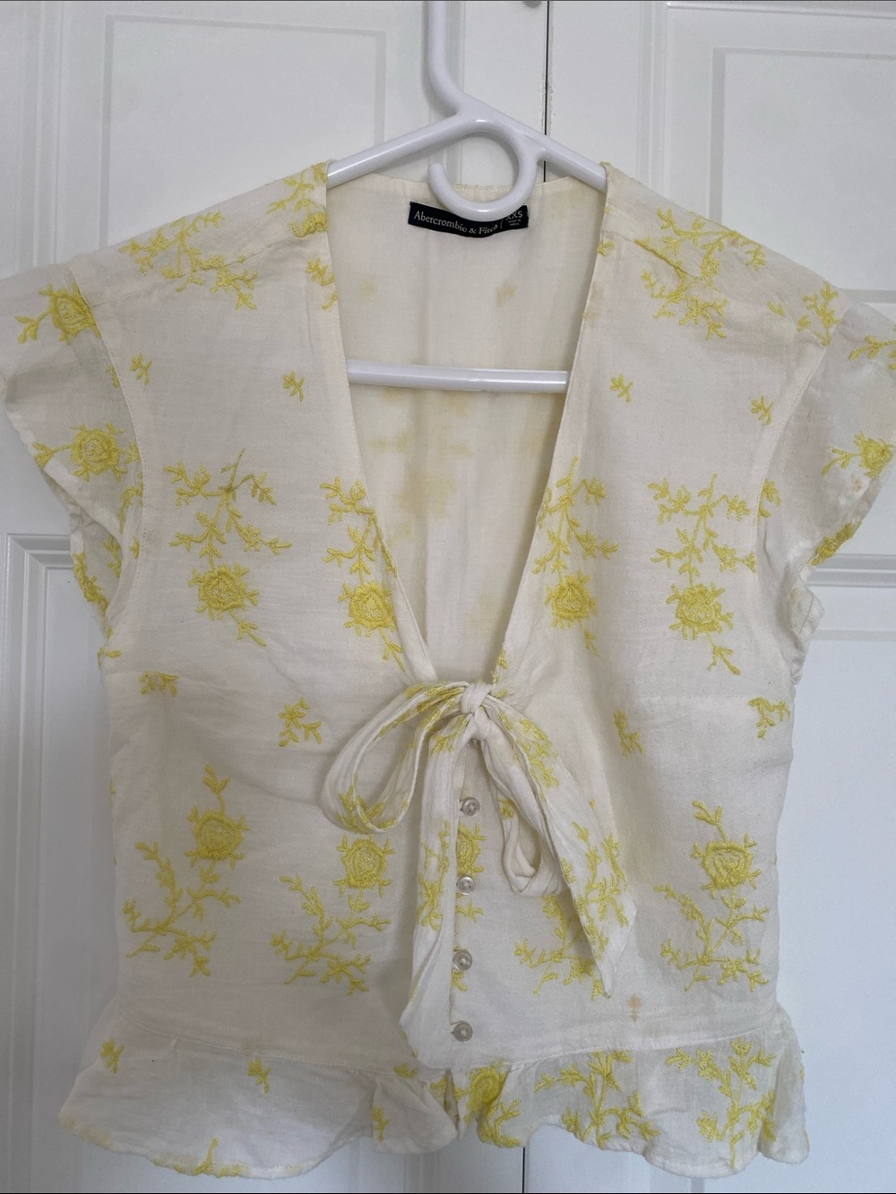 Abercrombie & Fitch White Top with Yellow Floral Embroidery and Tie Front